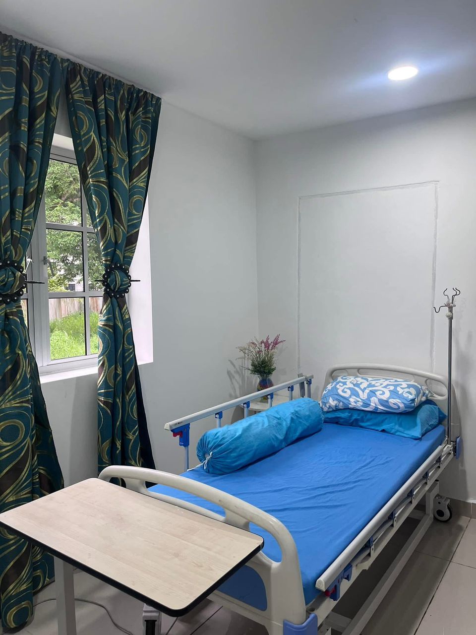 Resident bedroom with care bed and garden-view window at Clearwater Care, George Town Penang